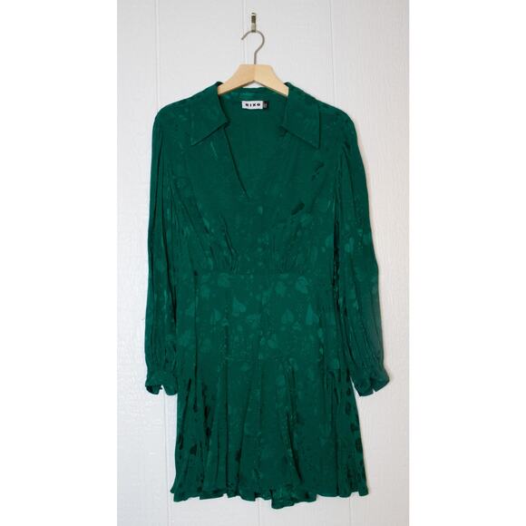 RIXO LONDON Indy Green Floral Satin Jacquard Long Sleeve Mini Dress US MEDIUM - Picture 5 of 14